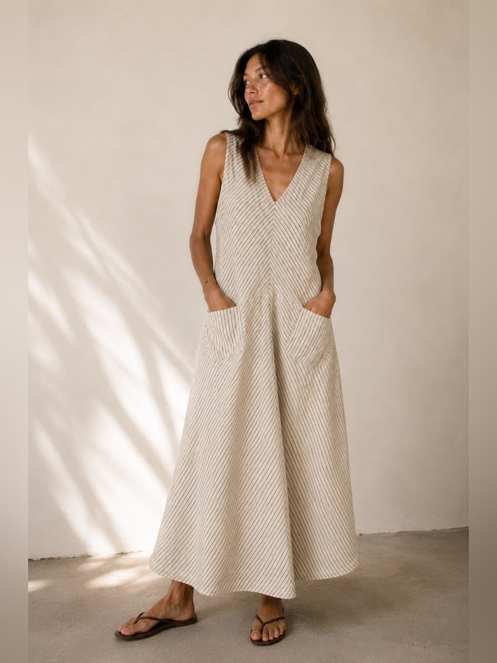 Habitat Clothes to Live In 100% Linen Pinstripe Maxi Dress Size M
